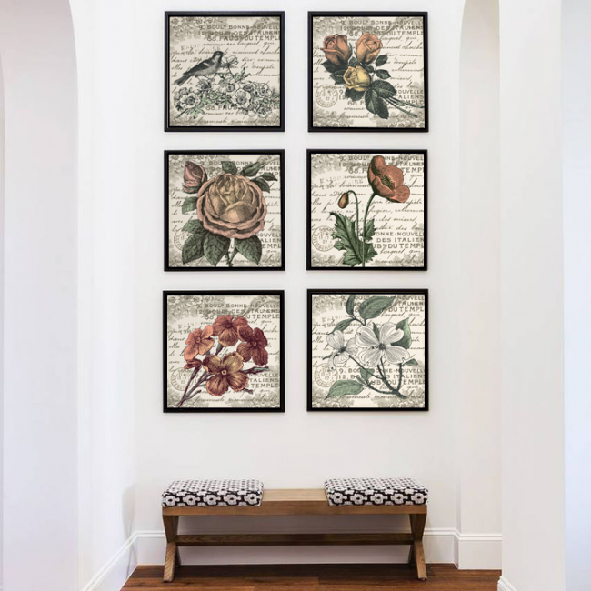مجموعة تابلوه 6 مربعة 40x40 مصممة من الزهور العتيقة على خلفية نصية متعدد الألوان